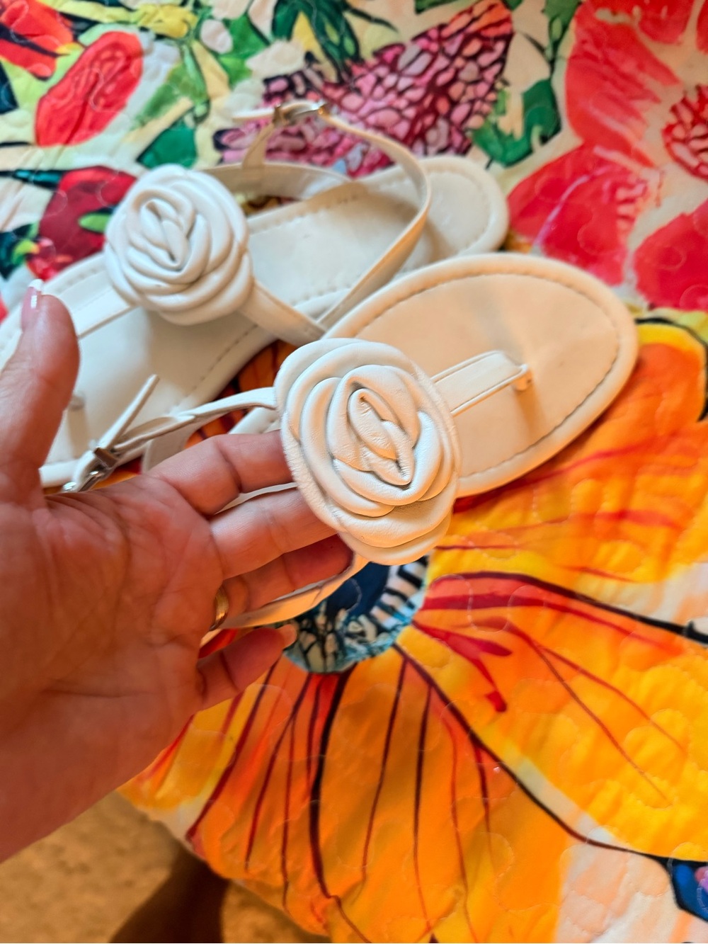 New York & Company White Rosette T-Strap Sandals
